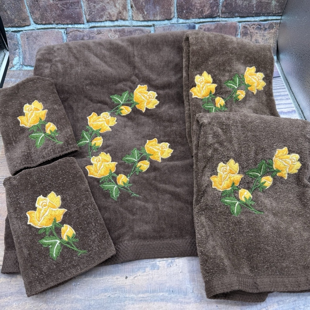 Martex Embroidered 5pc Towel Set Brown Yellow Roses Vintage Grannycore Retro